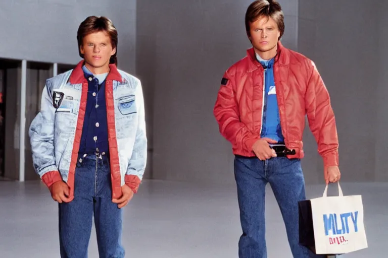 Image similar to marty mcfly modeling at a shopping mall