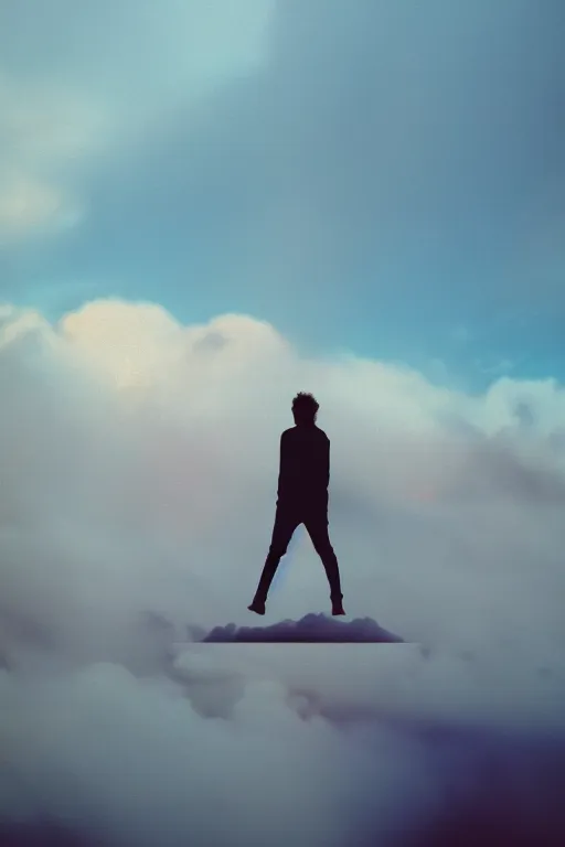 Prompt: agfa vista 4 0 0 photograph of a guy floating in the clouds, back view, synth vibe, vaporwave colors, lens flare, moody lighting, moody vibe, telephoto, 9 0 s vibe, blurry background, grain, tranquil, calm, faded!,