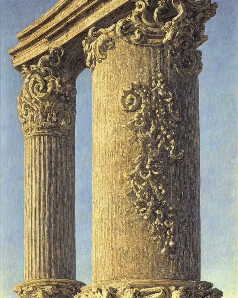 Image similar to achingly beautiful painting of intricate ancient roman corinthian capital on sapphire background by rene magritte, monet, and turner. giovanni battista piranesi.