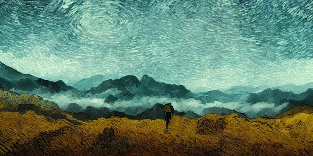 Image similar to landscape, layers, mountain ranges, dark sky, night, Van Gogh, atmospheric, cinematic, photographic, artstation, digital art, small man center standing on mountain, valley mist, fog, hazy, glow