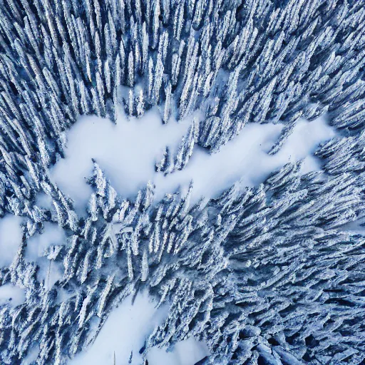 Image similar to sattelite image of snow from 250 meters height, just a few cut frozen trees covered with ice and snow, old lumber mill remains, beautiful winter area