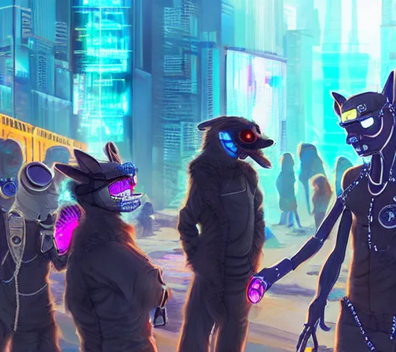 Image similar to high - resolution photograph from a cyberpunk era furry fandom convention ( midwest furfest 2 0 4 7 ), taking place after the genetic revolution and quantum singularity. photorealistic.