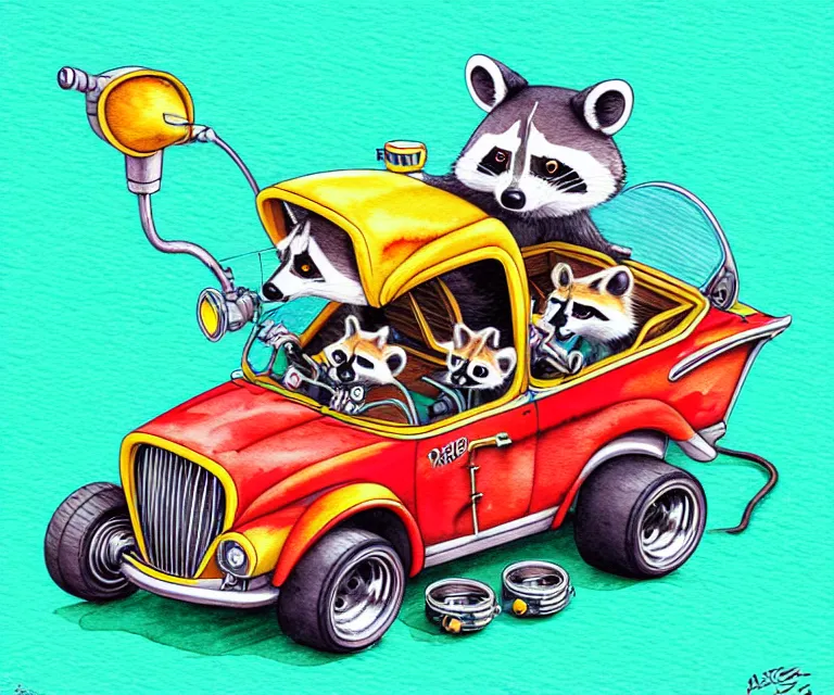 Image similar to cute and funny, racoon driving a tiny hot rod with an oversized engine, ratfink style by ed roth, centered award winning watercolor pen illustration, isometric illustration by chihiro iwasaki, edited by craola, tiny details by artgerm and watercolor girl, symmetrically isometrically centered