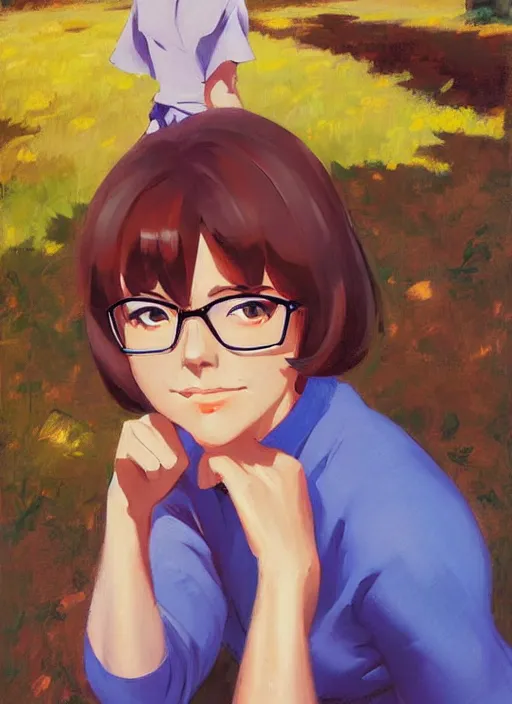 Prompt: Greg Manchess painting of Velma Dinkley, anime style, countryside, calm, fantasy character portrait, dark outlines, dynamic pose, above view, sunny day, artwork by Makoto Shinkai, very coherent asymmetrical artwork, sharp edges, perfect face, simple form, 100mm