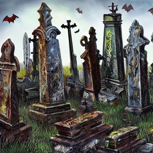 Prompt: oil painting graveyard tombstones, bats, halloween scene, scary, zombie apocalypse, high detail, dark scene