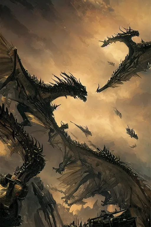 Prompt: sky filled with a swarm of angry western dragons, painting by stephan martiniere