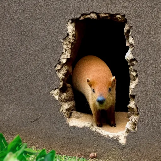 Prompt: a picture of a hole in a wall, a capybara emerges from the hole