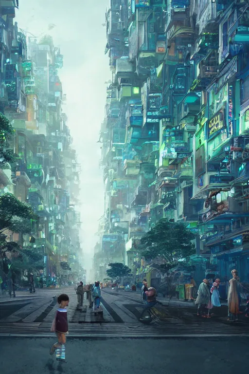 Image similar to a portrait of a small person in the middle foreground walking in the street of a great green and blue mechanical city by Greg Rutkowski, Sung Choi, Mitchell Mohrhauser, Maciej Kuciara, Johnson Ting, Maxim Verehin, Peter Konig, final fantasy , mythical, 8k photorealistic, cinematic lighting, HD, high details, atmospheric,