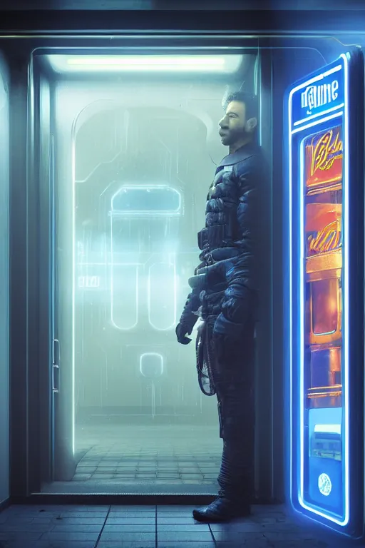 Image similar to in a corridor, a human in a still suite from dune in front of a vending machine, his profile and face lit by the blue neon light of the machine in front of him, blade runner style, gloomy mood, hyper-realistic environment,Epic concept art. Octane render and Unreal Engine