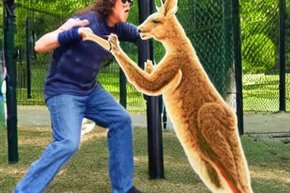 Prompt: weird al fighting a kangaroo in a playground