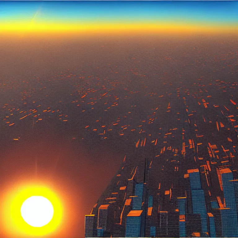 Prompt: birdseye view of a sunrise over a city, art by wain louis