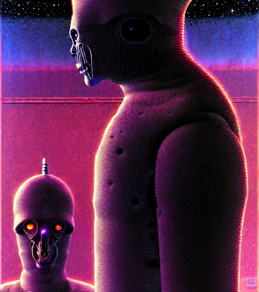 Image similar to a scifi illustration, a godlike ai awakens to the horror of its creators by thomas ligotti and wayne barlowe