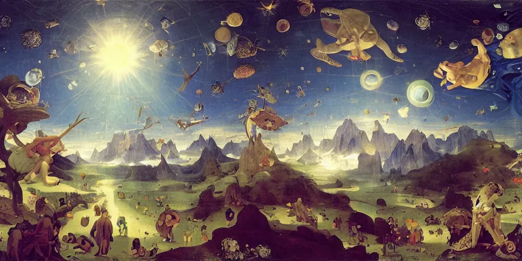 Image similar to The Great Turtle Island at the center of the Universe holding up the sky, Encircled by Mystical Interstellar Nether Worlds, Magic Fairyland, Going to the Sun Highway Glacier Park, Michael Cheval, Hieronymus Bosch, François Boucher, William-Adolphe Bouguereau, Oil Painting, unreal 5, DAZ, hyperrealistic, octane render, Regal, Refined, Detailed Digital Art, RPG portrait, Anton Fadeev, Walt Disney (1937), Steampunk, Volumetric Golden dappled dynamic lighting, Highly Detailed, Cinematic Lighting, Unreal Engine, 8k, HD