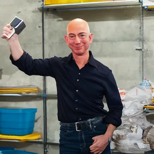 Image similar to jeff bezos being abusive towards his employees and forcing them to work without toilet breaks, sharp focus, hyper realistic, sony 5 0 mm lens