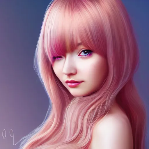 Image similar to beautiful hyperrealism hyperdetailed portrait of nikki from shining nikki dress - up game, a cute young woman, light pink hair, long hair with full bangs, full heart - shaped face, hazel amber eye color, pale skin, light blush, chinese heritage,, smiling softly, golden hour, soft focus, 8 k,