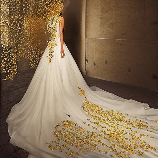 Image similar to a long wedding dress with a train made of flower petals made of light - colored fabric. transparent in places. in places, patterns of precious stones. intricate patterns of gold thin threads. fantasy. clear details