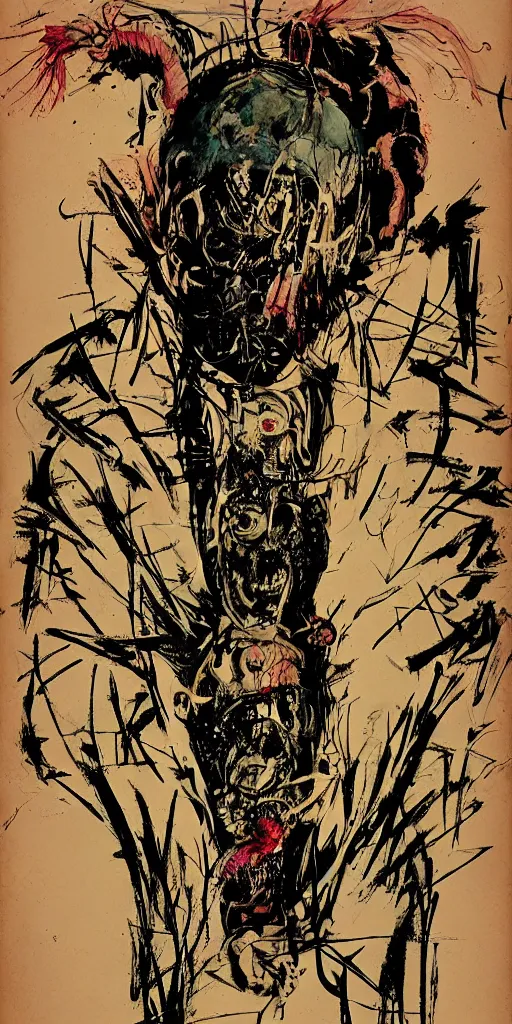 Image similar to Graphic Illustration, Creative Design, Enemy, Full body portrait, Biopunk, Body horror, by Ralph Steadman, Francis Bacon, Hunter S Thompson