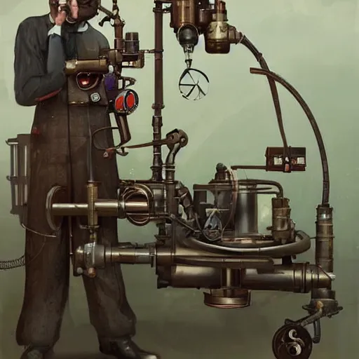 Image similar to A random pointless contraption ((steampunk)) industrial appliance pneumatic machine with no apparent purpose, being operated by a scholarly looking man with a clear directed gaze, artwork by Sergey Kolesov