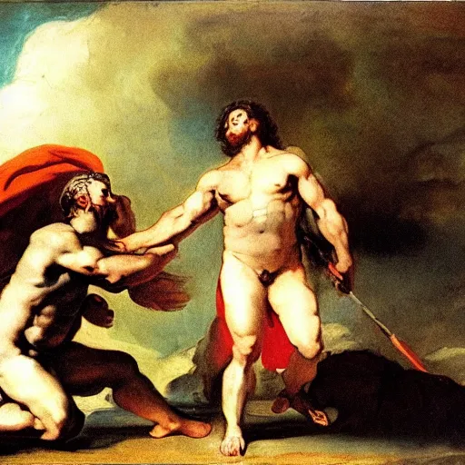 Image similar to zeus vs thor by francisco goya, mythological painting, oil painting