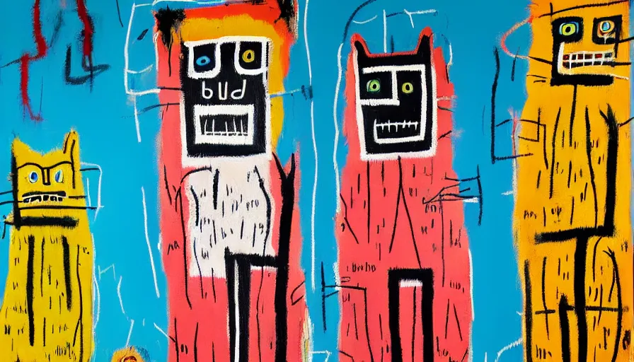 Prompt: highly detailed contemporary acrylic painting of really tall sitting cats by jean - michel basquiat, thick brush strokes and visible paint layers, dense overgrown forest background, vivid pastel color scheme