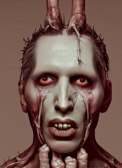 Prompt: portrait of marilyn manson with translucent skin, visible muscles and veins and arteries and bones and spines and nerves, beautiful detailed intricate insanely detailed octane render, 8 k artistic photography, photorealistic, chiaroscuro, by david cronenberg, raphael, caravaggio