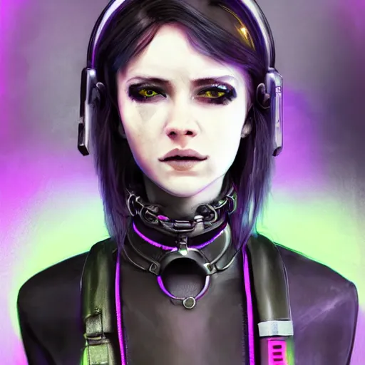 Image similar to detailed realistic cyberpunk female character cyberpunk wearing steel collar around neck, realistic, art, beautiful, 4K, collar, choker, collar around neck, punk, artstation, detailed, female, woman, choker, cyberpunk, neon, punk, collar, choker, collar around neck, thick collar, choker around neck, wearing choker, wearing collar, bright neon punk hair,