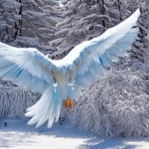 Prompt: an ice phoenix flying over a snowy landscape