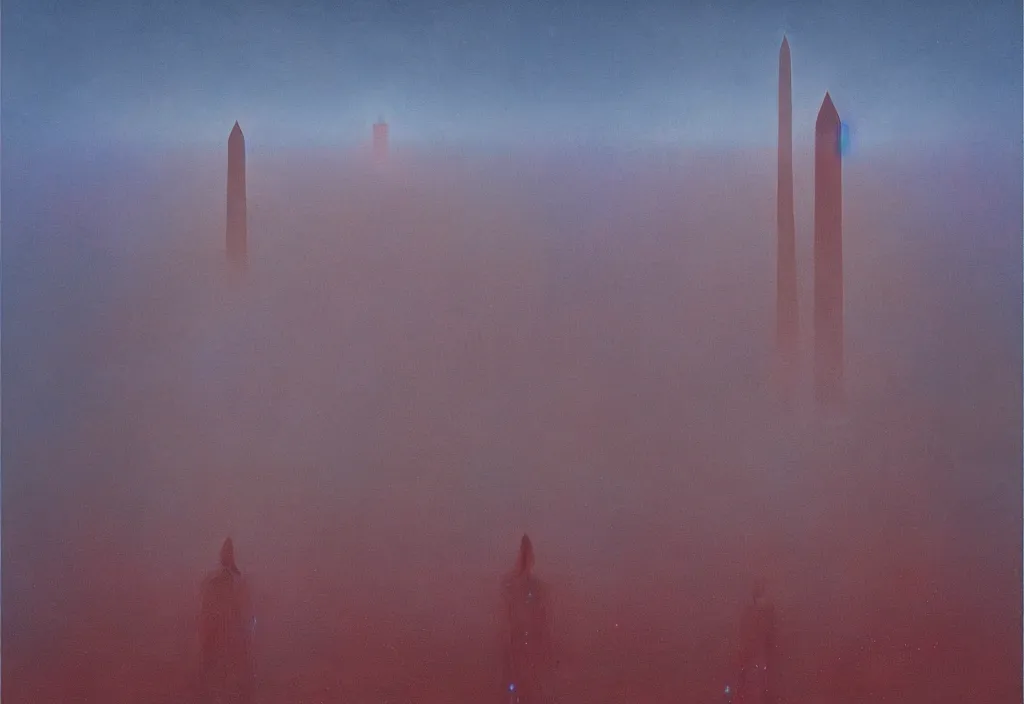 Prompt: Washington DC, by Zdzisław Beksiński and Greg Rutkowski, horror, red, white, blue, cinematic, highly detailed, 8k