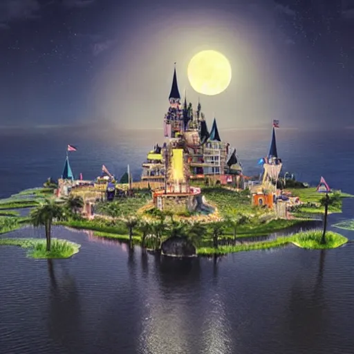 Image similar to the disney castle surrounded by giant palm trees on a giant floating island in the sky at night, a huge moon above the island illuminates the sky, cinematic, digital art by erik johansson, 8 k resolution, hyper detailed, hyper realistic, sharp focus, unreal engine 5