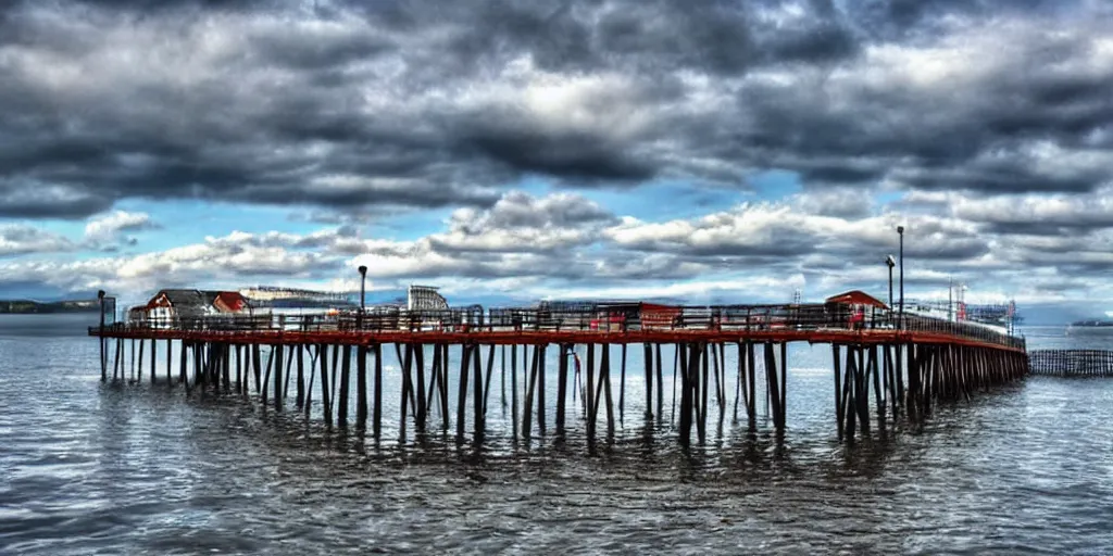 Image similar to pier in Oslo with aurora, digital art, amazing details, beautiful view