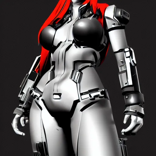 Prompt: yoji shinkawa render of redhead cyborg with curvy figure, glitches, concept art