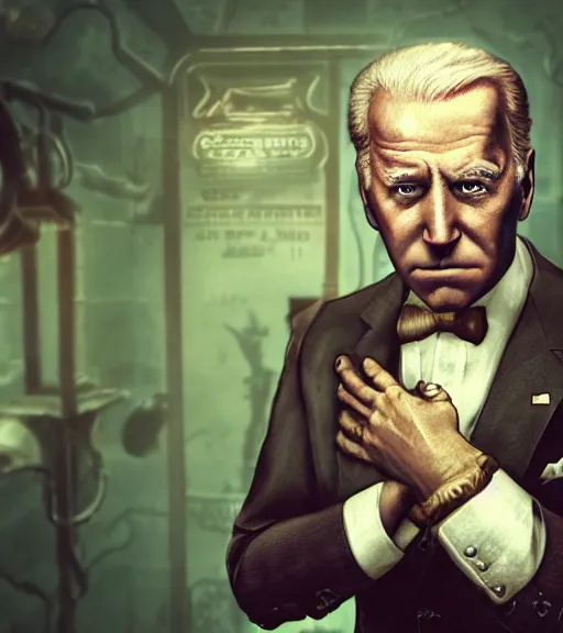 Image similar to portrait of joe biden cosplaying bioshock, by wlop, by simon stalengrad, bioshock screenshot, photorealistic fan art, gta 5, detailed shading, intricate abstract, steampunk