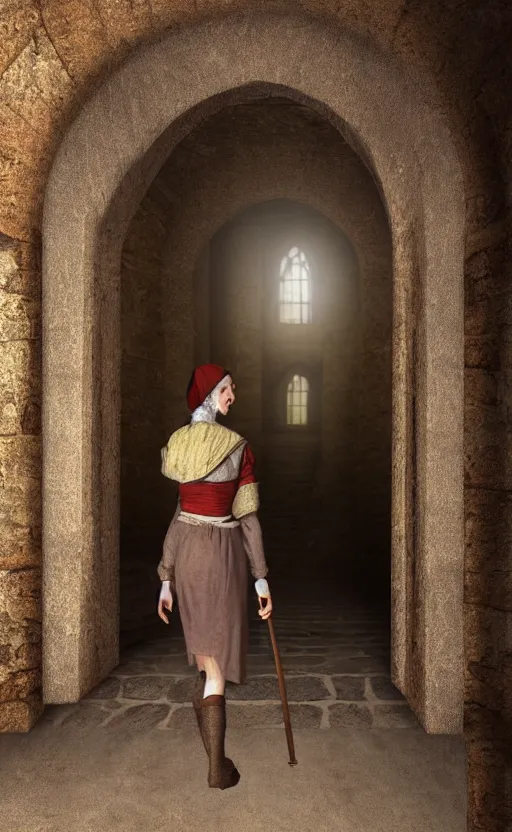 Prompt: medieval servant girl walking in castle hallway, about to enter doorframe, half turned around, full body, ultra realistic, digital art