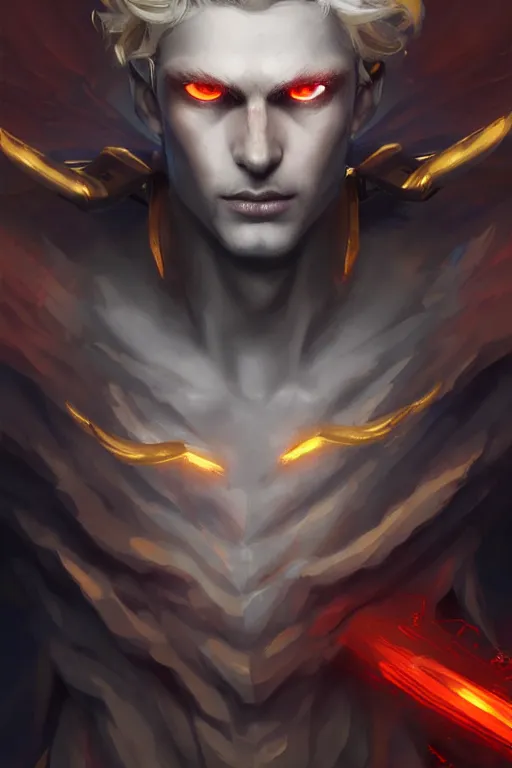 Image similar to digital art of a pale menacing male Cyborg Angel of Battle with fluffy blond curls of hair and piercing red eyes, central composition, gilded black cybernetics, he commands the fiery power of resonance and wrath, by WLOP, Artstation, CGsociety