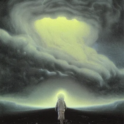 Image similar to killua zoldyck made by zdzisław beksinski, thunderstorm, 8 k, detailed, cinematic, rain, crying, black