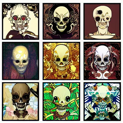 Prompt: anime manga skull portrait dragon head face skeleton illustration style by Alphonse Mucha and Takashi Murakami pop art nouveau