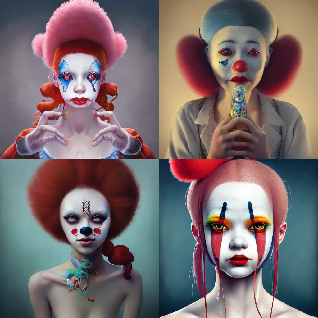 Image similar to breathtaking detailed painting of clown girl , with anxious, piercing eyes, Atari game cover art by Hsiao-Ron Cheng, James jean, Miho Hirano, Hayao Miyazaki, extremely moody lighting, hyperrealistic, octane render, RPG portrait, ambient light, dynamic lighting