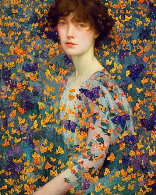 Prompt: a beautiful girl covered with butterflies wearing a colourful patterned dress surrounded by wild flowers, painted by edgar maxence, edward hopper, wayne barlowe, james gilleard and james jean