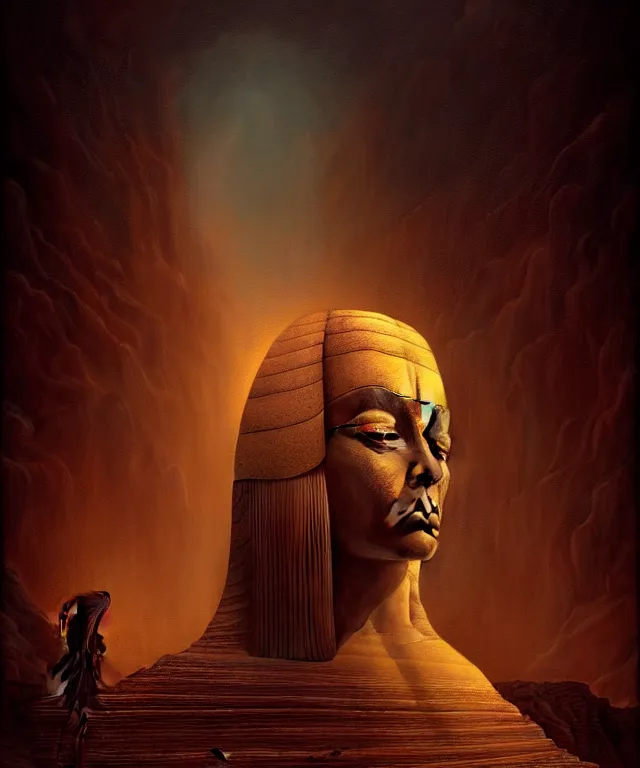 Prompt: epic professional digital art the riddle of the sphinx, horrific yet beautiful vibe, evocative, atmospheric lighting, painted, intricate, highly detailed, by leesha hannigan, wayne haag, reyna rochin, ignacio fernandez rios, mark ryden, iris van herpen, artstation, cgsociety, stunning, gorgeous, sharp focus, cinematic, masterpiece