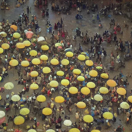 Image similar to dagomey officials with flat colorful umbrellas in ahomey's huge main square, from above, 1905, highly detailed, oil on canvas, by ilya repin