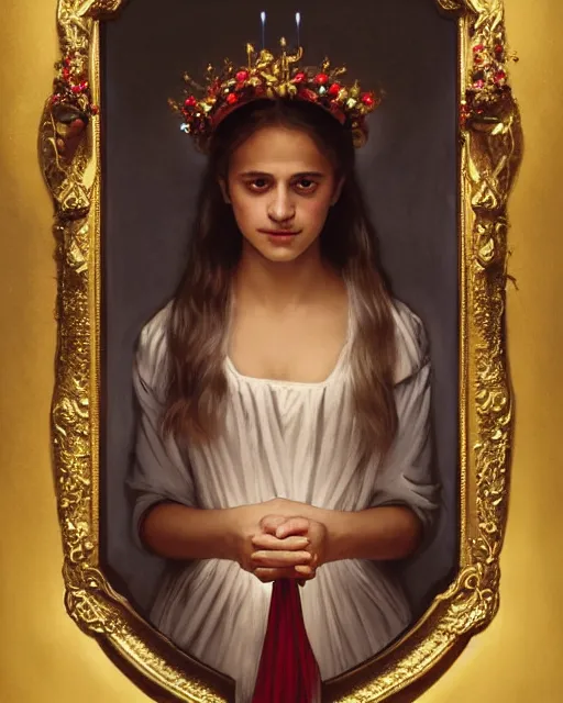 Prompt: a shadowy portrait painting of a shy 1 6 - year old alicia vikander as santa lucia at christmas wearing a holly wreath as a crown with candles, lit only by candlelight in the darkness, intricate, elegant, highly detailed, artstation, concept art, by krenz cushart and donato giancola and william adolph bouguereau and alphonse mucha