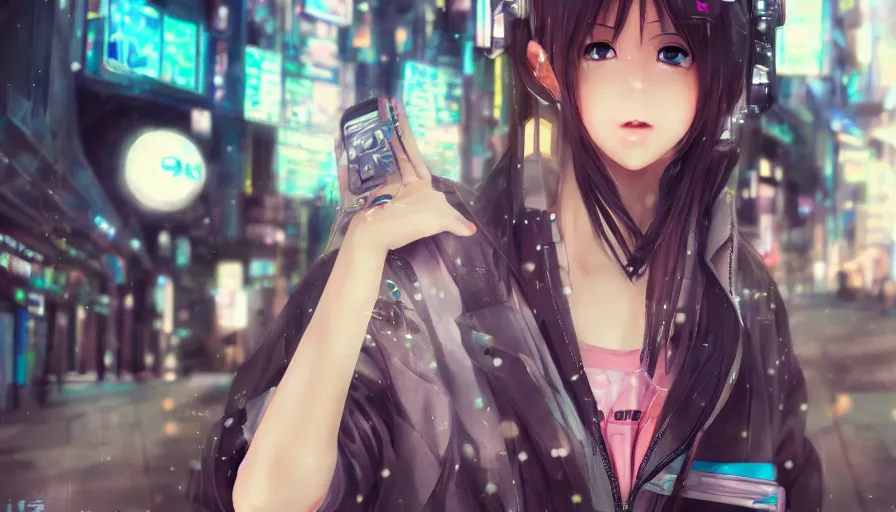 Image similar to cute anime girl in a cyberpunk city by wlop, detailed eyes, heterochromia, closeup, short minidress, light clothing, light rain, hyper real, detailed digital art, hatsune miku, photorealistic