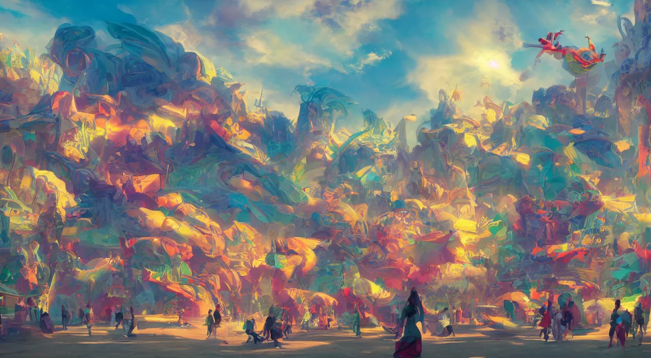 Image similar to bazaar zouk oriantal multicolorful sky shine place mosquet painting, sunny day, matte painting, bold shapes, hard edges, street art, trending on artstation, by huang guangjian and gil elvgren and sachin teng