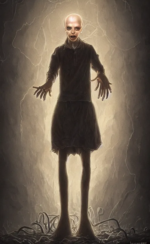 Image similar to full body portrait of Vecna from stranger things in the upside down, dynamic lighting, photorealistic, fantasy concept art, ambient lighting, atmospherical, stunning visuals, creative, cinematic, ultra detailed, trending on art station