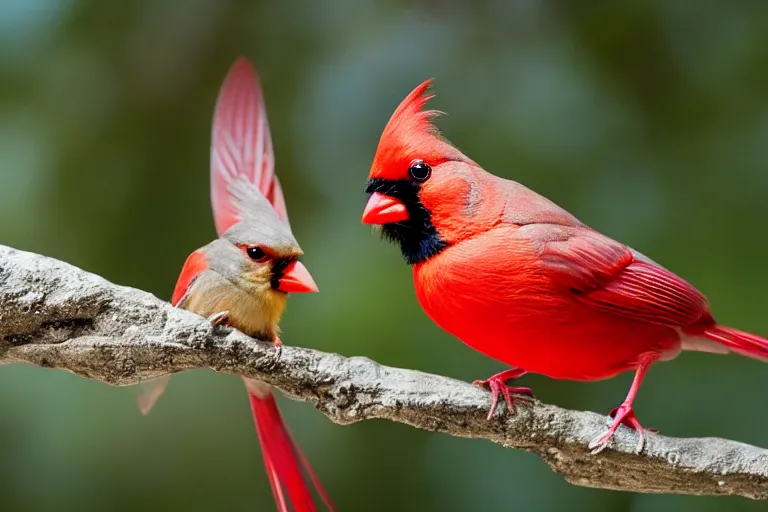 Image similar to a male Cardinal sits next to a beautiful moth with a river in the background, bokeh