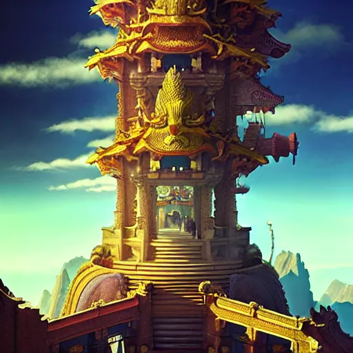 Image similar to infinite final fantasy landscape fall god temple, moody : : wes anderson, roger dean, sophie anderson, esao andrews : : ornate, dynamic, particulate, intricate, elegant, highly detailed, centered, artstation, smooth, sharp focus, octane render, 3 d