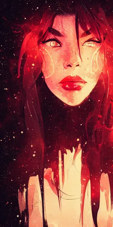 Prompt: dark background, light paint, candid!! long portrait of a very very beautiful! alf with narrow face, large eyes and flowing long hair, swirling dreamy smoke and fog is coming from her mouth, face partially obscured, by conrad roset, abstract background, dramatic lighting, trending on artstation