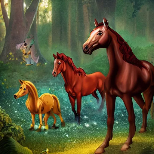 Image similar to a magical world with creatures that are part horse, part other animals.