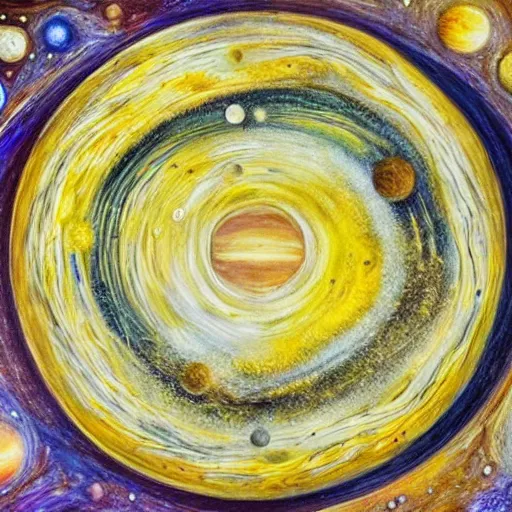 Prompt: olive oil and vinegar drizzled on a plate in the shape of the solar system, oil on canvas, intricate, 8k highly professionally detailed, HDR, CGsociety