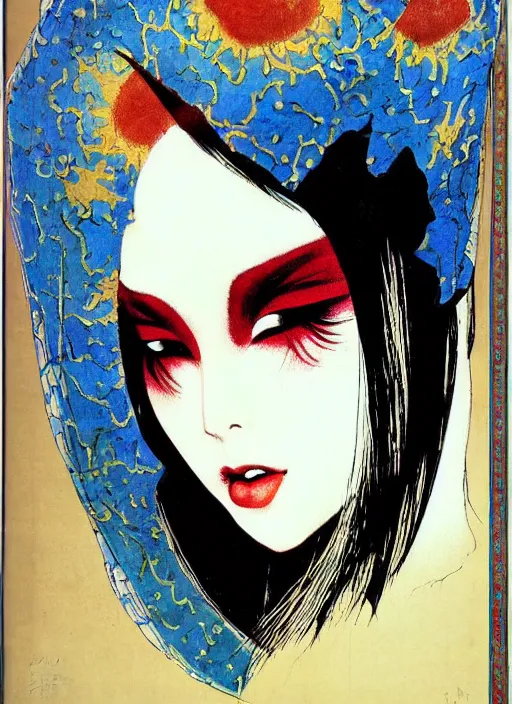 Image similar to portrait of mighty korean vampiress, jeweled veil, strong line, saturated color, beautiful! coherent! by frank frazetta, high contrast, minimalism